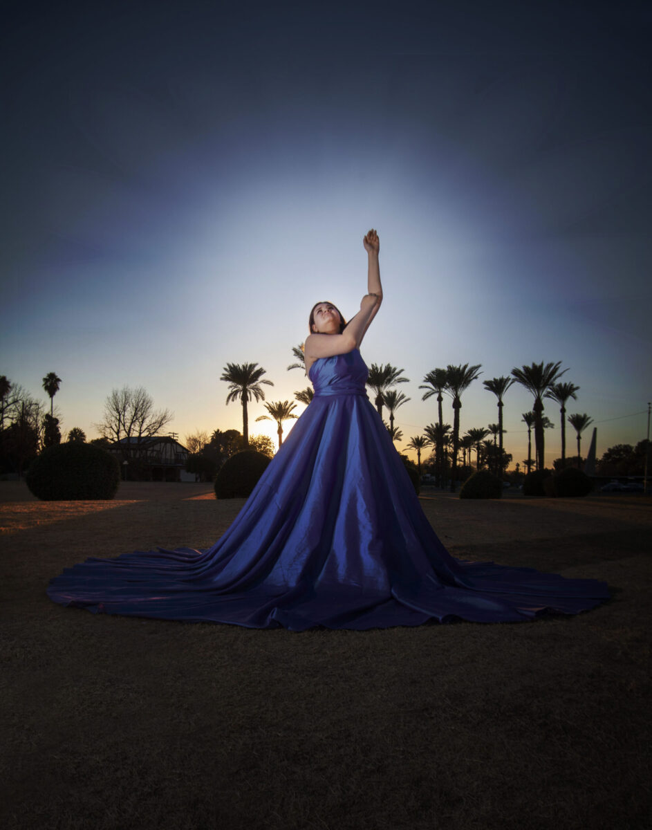 Woman in an elegant blue gown posing with arm raised against a dusk sky with palm trees in the background.